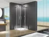 A modern bathroom with a glass shower enclosure, overlooking a beach scene through large windows. Produktbild-Vorschau