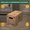A cardboard moving box is shown on a wooden floor, with a sofa and doorway in the background. The image includes text and icons highlighting the product's features. Produktbild-Vorschau