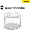 A clear shot of a glass jar with a white lid, set against a white background. Text and a logo are present in the upper portion of the image. Produktbild-Vorschau
