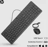 A black HP keyboard and mouse set, with accompanying text and icons. Produktbild-Vorschau