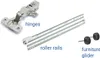 Various furniture hardware components are displayed on a white background. Produktbild-Vorschau