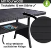 A close-up view of a black polyrattan table with a shelf, highlighting its material and thickness. A circular inset shows a magnified view of the table's surface. Produktbild-Vorschau