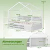 A diagram showing the dimensions of a white house-shaped bed frame with integrated shelving and storage. Produktbild-Vorschau