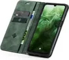 A green flip case for a smartphone is shown open, displaying the phone screen and card slots within the case. Produktbild-Vorschau