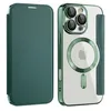 A green flip case for an iPhone, shown open and closed, with the phone inside the case. Produktbild-Vorschau