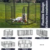 A dog is inside a black metal dog playpen set up on grass. Below the main image are several diagrams of different configurations of the dog playpen, labeled 'Form 1' through 'Form 5'. Text overlays on the right side of the main image read 'Flexible Design' Voir les images du produit