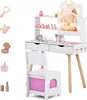 A white wooden children's vanity table with a mirror, drawers, and accessories, along with a matching chair. The vanity has LED lights around the mirror and is set against a white background. Produktbild-Vorschau
