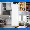 A collage of four different rooms: a kitchen, a pantry, a workshop, and a living room, with a white refrigerator as the central element. Produktbild-Vorschau