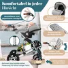 A baby in a stroller with various features highlighted by text overlays. Produktbild-Vorschau