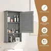 A gray bathroom wall cabinet with its door open, displaying various toiletries and decorative items. To the right, there are circular icons with text describing product features. Podgląd zdjęcia produktu