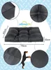 A collage of images showing a dog bed with dimensions and close-ups of its material and stitching, along with a silhouette of a dog. Produktbild-Vorschau