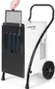A person is shown inserting a filter into a white and black dehumidifier with wheels. Produktbild-Vorschau
