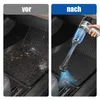 A split image showing a car interior before and after cleaning with a handheld vacuum cleaner. Produktbild-Vorschau