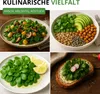 A collage of four images showcasing salads and a sandwich, all featuring winter purslane. Produktbild-Vorschau