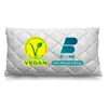 A white quilted pillow with logos and text indicating vegan and anti-allergy features. Produktbild-Vorschau