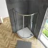 A modern corner shower enclosure with glass doors and a white base, set against a tiled wall and wooden floor. Produktbild-Vorschau