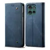 A blue flip-style phone case is shown from the front and back. Produktbild-Vorschau