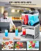 A bartender is preparing drinks behind a counter with a slush machine. The image also shows close-ups of different frozen drinks and their preparation times/temperatures. Produktbild-Vorschau