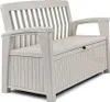 A white outdoor storage bench with a slatted back and armrests. Náhľad obrázku produktu