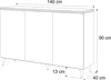 A line drawing of a white sideboard with three doors and angled legs, showing dimensions. Produktbild-Vorschau