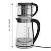 A glass electric kettle with a teapot attachment, showing dimensions. Náhled obrázku produktu