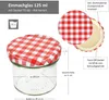 A glass jar with a red and white checkered lid, shown with dimensions and descriptive text. Voir les images du produit