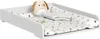 A white baby changing pad with a patterned liner, a folded blanket, a stuffed dog toy, and a pacifier. Produktbild-Vorschau
