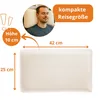 A pillow with dimensions and a person using a similar pillow. Produktbild-Vorschau
