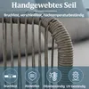 Close-up of hand-woven rope material on outdoor furniture, with feature icons and text. Podgląd zdjęcia produktu