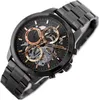 A close-up, angled view of a black Tommy Hilfiger men's watch with a skeleton dial and rose gold accents. Náhľad obrázku produktu