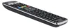 A black remote control with silver trim is shown against a white background. Produktbild-Vorschau