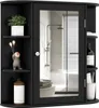 A black bathroom cabinet with a mirrored door, displaying various items on its shelves and inside. Náhľad obrázku produktu