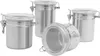 Four stainless steel storage containers with lids are arranged on a white background. One container is in the foreground, tilted on its side with the lid open. Voir les images du produit