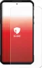 A screen protector is shown placed over a smartphone, with a red gradient background. Produktbild-Vorschau