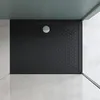A top-down view of a black rectangular shower tray with a silver drain. Produktbild-Vorschau