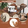 A collage of images showcasing a multi-functional cat furniture piece, including a side table, scratching post, cat bed, and interactive toy. Produktbild-Vorschau
