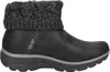 A side view of a single black boot with a knitted gray and black cuff. Voir les images du produit