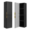A dark gray tall cabinet with two doors, one open to reveal shelves, and gold handles. Another identical cabinet is shown closed next to it. Náhled obrázku produktu