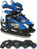 A pair of blue and white adjustable skates with black blades and a separate black rollerblade chassis with four wheels. Anteprima dell’immagine prodotto