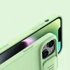 Close-up view of a light green phone case with a sliding camera cover, showing the texture and design. Produktbild-Vorschau