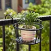 A potted plant sits in a black metal hanging basket attached to a balcony railing. Produktbild-Vorschau
