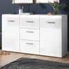 A white sideboard with multiple drawers is shown in a room with a dark blue wall and wooden floor. Produktbild-Vorschau