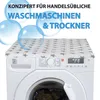 A washing machine with a patterned cover on top, with bubbles and text overlay. Voir les images du produit