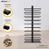 A black metal wine rack with multiple shelves, shown with informational graphics about its dimensions and capacity. Podgląd zdjęcia produktu