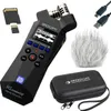 A collection of items including a Zoom H1essential Handy Recorder, SD cards, USB cables, a furry microphone windscreen, and a carrying case. Produktbild-Vorschau