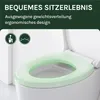 A close-up view of a toilet seat with a green cover, showing two icons and German text. Produktbild-Vorschau