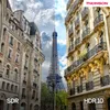 A split image showing a comparison between SDR and HDR 10 display technologies, featuring Parisian architecture and the Eiffel Tower. Produktbild-Vorschau