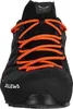 A close-up front view of a black hiking shoe with orange laces. Produktbild-Vorschau