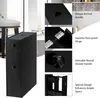 A black narrow storage cabinet with drawers and a door, shown in a bathroom setting with a sink and bathtub. Multiple close-up shots highlight product features like the handle, hinges, and drawer. Náhľad obrázku produktu