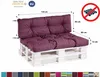 A purple pallet cushion set on a white wooden pallet, with dimensions indicated by arrows and text. Voir les images du produit